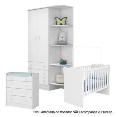 Imagem de Quarto de Bebê Completo Berço Guarda Roupa Cômoda Doce Sonho Branco Qm