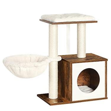 Imagem de FEANDREA Árvore de gato pequeno para gatinhos, torre de gato moderna para gatos internos, condomínio de gato de madeira com hastes de arranhar, almofadas laváveis removíveis, marrom rústico UPCT122X01