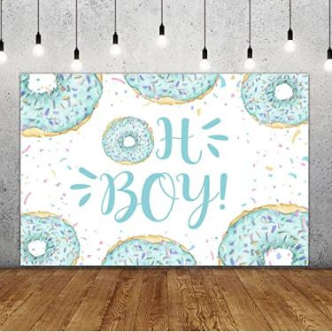 Imagem de Lofaris Pano de fundo Oh Boy Baby Shower Blue Green Donut for Boy Party Colorful Dots Confetti Photography Backdrop Kids Boy Sprinkle Birthday Cake Table Banner Decorações Suprimentos Photo Booth