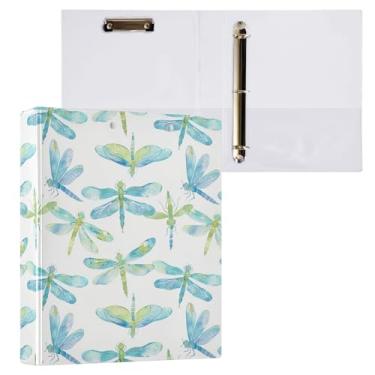 Imagem de Fichário de 3 anéis de libélulas verde-azulado 3,8 cm decorativo com prancheta e 3 bolsos transparentes, comporta 200 folhas de papel tamanho A4 fichários à prova d'água para escola, escritório em
