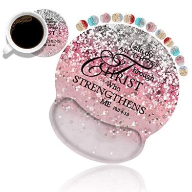 Imagem de Suporte ergonômico para mouse pad de pulso e porta-copos, lindo descanso de pulso com base de poliuretano antiderrapante para trabalhar em casa, estudar, fácil digitação e alívio da dor, versículo da Bíblia cristã com glitter rosa Phil 4-13