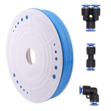 Imagem de DERPIPE Tubo de poliuretano PU 4 mm OD x 2,5 mm ID mangueira pneumática azul poliuretano PU tubo compressor de ar tubo 200 metros (200 m) com 5 peças retas + cotovelo 38 peças + divisores 40 peças