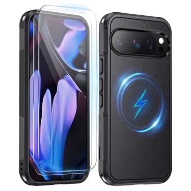 Imagem de Lanhiem Capa magnética para Pixel 9 Pro XL com 2 protetores de tela de vidro temperado, absorção de choque de grau mil, capa antiarranhões à prova de choque para Google Pixel 9ProXL de 6,8 polegadas,