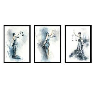Imagem de Kit 3 Quadros Deusa Da Justiça Aquarela Azul 24X18Cm - Preta - Quadros