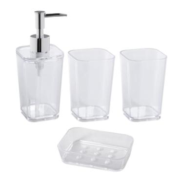 Imagem de Kit 4 Peças Utensilios Pia Banheiro Porta Escova Sabonete Líquido Lavabo Luxo (Transparente)