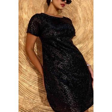 Imagem de Vestido Curto Paetê Manga Curta Gola Redonda Soltinho - CYNDRA, Preto,