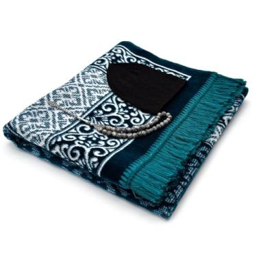 Imagem de ESERRA Conjunto de tapete de oração tudo em um para o Islã - Tapete de oração muçulmano grosso, chapéu Kufi preto, pedra jaspe, 33 contas, estojo de viagem de algodão - presentes islâmicos (azul)