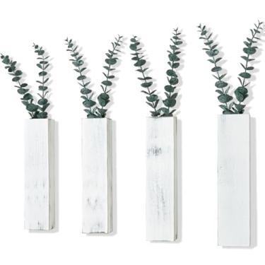 Imagem de 4 pacotes de vasos de parede de madeira com eucalipto de planta artificial, decoração de parede de plantas para cozinha, quarto, sala de jantar, escritório e banheiro, vaso de parede com plantas