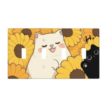 Imagem de Lindo gato girassol quádruplo interruptor de luz placa decorativa flores 4 gangues placa de parede placa elétrica para banheiro casa quarto decoração 20 x 11 cm