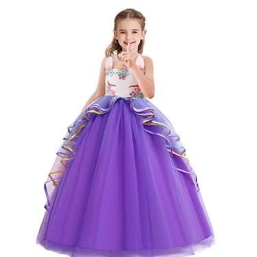 Imagem de HOIZOSG Fantasia de aniversário de unicórnio para meninas, vestido de tule sem mangas, vestido de festa de Halloween, Natal, vestido de baile longo, roxo 12-13 anos