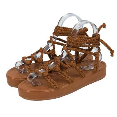 Imagem de Sandália feminina papete plataforma flat tiras de amarrar caramelo - S