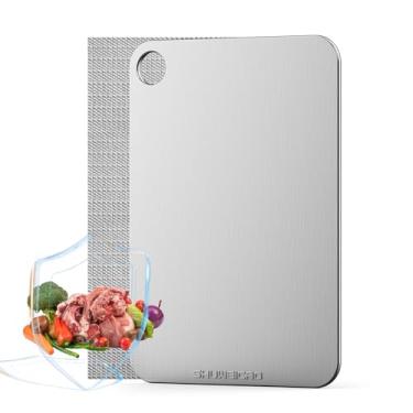 Imagem de SHUWEICAO - Tábuas de corte de titânio, 11,42 x 7,87 x 0,05, tábuas de corte de titânio 100% puro de grau médico dupla face para cozinha. Resiste à umidade, manchas e odores, permanece higiênico e é