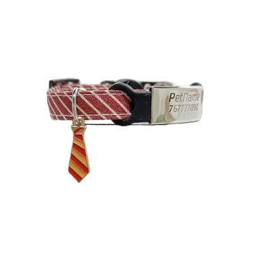 Imagem de Coleira pequena para gatos e cães com gravata decorativa, identificação de gato e cachorro e etiqueta de identificação para filhotes e animais de estimação pequenos (vermelha 【com identidade】, P)