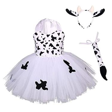 Imagem de Vestido infantil tutu de desenho animado, zoológico, Halloween, cosplay, aniversário, princesa, fotografia, sessão de fotos, fantasia para crianças, festivais divertidos, carnaval, folhas, conjunto de roupas de vaca, branco 11 a 12 anos