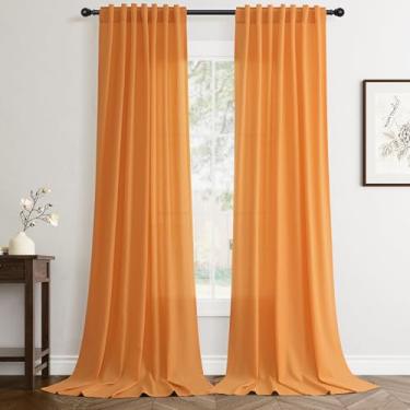 Imagem de Cortinas de linho laranja claro 213 cm de comprimento, conjunto com 2 painéis, cortina moderna para sala de estar, cortina semitransparente, 213 cm de comprimento