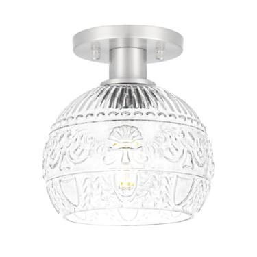 Imagem de DSMJFU DSMJFU Luminária De Teto Semi-Embutida Em Níquel Escovado, Luminária De Teto Vintage Embutida, Luminária De Cozinha Pequena Com Vidro Globo, Luzes De Armário Para Corredor, Varanda, Quarto, L