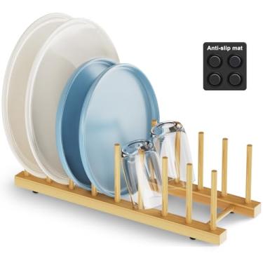 Imagem de Mukylar Escorredor de pratos de bambu para organizador de cozinha - organizador de pratos resistente com bambu natural, suporte para pratos, tigelas, copos e tábuas de corte - escorredor de pratos