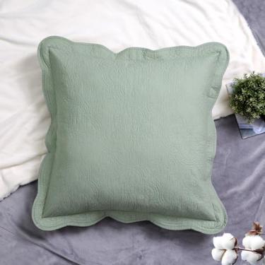 Imagem de Capas de almofada europeias acolchoadas verde sálvia Euro Sham algodão medalhão damasco conjunto de 2 fronhas quadradas florais bordadas recortadas em relevo Matelasse vitoriano vintage texturizado