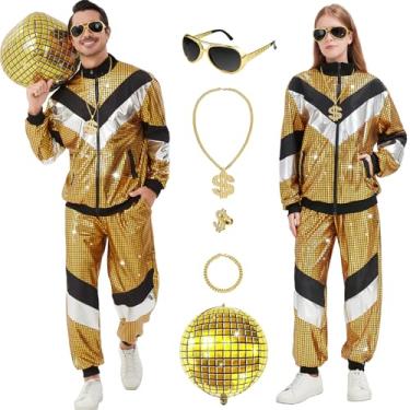 Imagem de Ezuwail Roupas dos anos 70 para homens e mulheres dos anos 80, trajes de corrida para discoteca, fantasias de Halloween, roupa esportiva, 7 peças, Dourado, GG