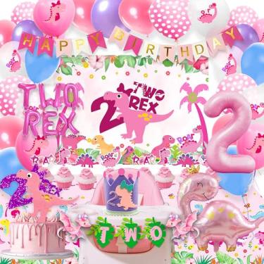 Imagem de Artigos para festa de aniversário de 2º aniversário para meninas, decorações de aniversário de dinossauro, dois balões Rex, artigos para festa de aniversário de 2º aniversário para meninas, dois suprimentos para meninas de aniversário Rex