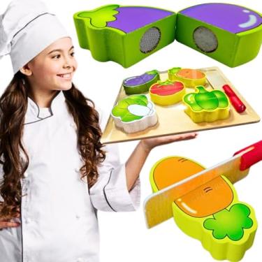 Imagem de Conjunto Brinquedos Vegetal Legumes em madeira crec crec faca sem corte seguro para criança 3 anos educativo pedagógico terapeutico comidinha feira presente menina menino natal aniversário