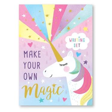 Imagem de Jewelkeeper Kit de escrita com design de unicórnio arco-íris com folha dourada, conjunto de cartas de papel de papelaria para meninas, adesivos, selos de envelope