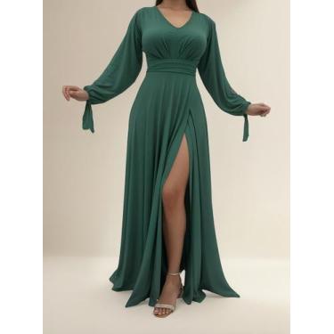 Imagem de Vestido Longo Festa Madrinha Manga Aberta Com Fenda E Decote - Casual 