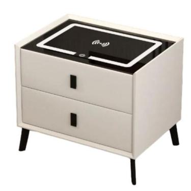 Imagem de Mesa de Cabeceira Moderna com LED Indução Bluetooth e 2 Gavetas - 5SPO
