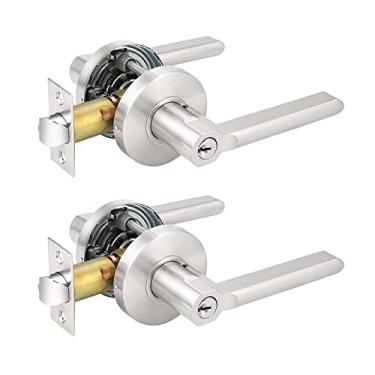 Imagem de Probrico (Pacote com 2) Fechaduras de entrada com chave para porta da frente/quarto/escritório, fechadura moderna de maçaneta de entrada, níquel acetinado - com chave semelhante