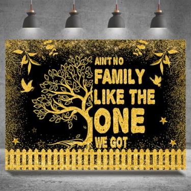 Imagem de Pano de fundo de reunião de família de 2,4 x 1,8 m Bem-vindo aos membros da nossa família, tema dourado preto, membros da família, reunião, árvore, folhas, decoração de festa, banner, suporte para