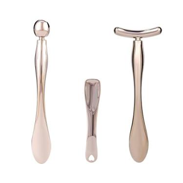 Imagem de Lengnuantazhi Aplicador De Creme Para Olhos E Rosto Metal Com 3 Peças, Bastão, Colher, Espátula, Massageador, Ferramenta Massagem Facial, Reduz Inchaço (Prata)