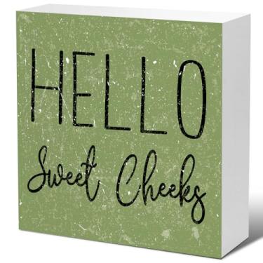 Imagem de LVQHI Placas Engraçadas De Bloco Madeira Para Banheiro, Placa Caixa Hello Sweet Cheeks Prateleira, Mesa Casa, Decoração Rústica Verde, 5" X