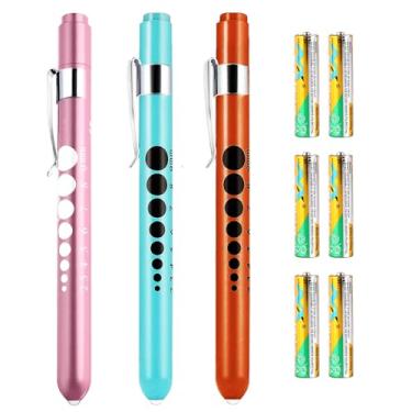 Imagem de Pen Light para enfermeiros, pacote com 3 canetas médicas com medidor de pupila para estudantes de enfermagem médica, com verniz artesanal, liga de alumínio, luz branca, 6 pilhas AAA poderosas