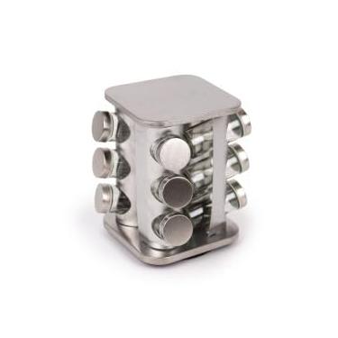 Imagem de Porta Condimentos Giratório em Aço Inox com 12 Potes de Vidro, Base 360°, 21 cm Altura