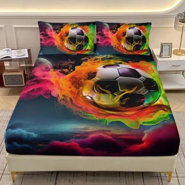 Imagem de AILONEN Jogo de lençol solteiro com estampa de futebol americano, tamanho GG, 3 peças, colorido, bola de futebol, planeta, para decoração de quarto, 1 lençol com elástico + 2 fronhas