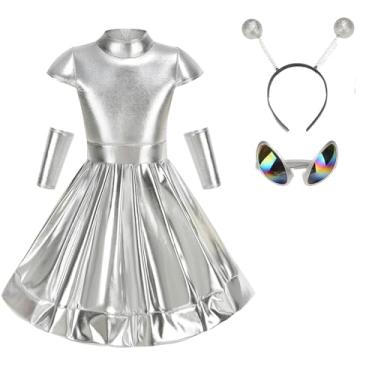 Imagem de AGCOAH Kids Alien Costume 4PCS Silver Cosmic Galaxy Costume Girls Child Robot Outfit with Alien Glasses Halloween Cosplay M(6-7Y)