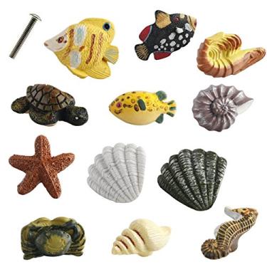 Imagem de Creation Core Puxador de armário decorativo Marine Series Rsin para gavetas ou portas, peixe, estrela-do-mar, cavalo-marinho, camarão, tartaruga, caranguejo, concha (12 peças + parafuso de 2,2 cm)