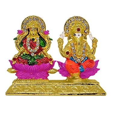 Imagem de Satvik Lindo ídolo Lakshmi Ganesh banhado a ouro para Diwali Puja. Perfeito para decoração Deepawali em decoração de mandíbula de escritório em casa. Presente religioso. Acessórios Pooja. Estátua de metal Murti.
