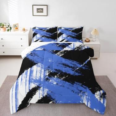 Imagem de jejeloiu Conjunto de edredom de arte abstrata, tamanho Queen, moderno, geométrico, para meninos, meninas, adolescentes, branco, preto, azul, edredom para decoração de quarto
