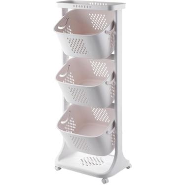 Imagem de Carrinho De Armazenamento De Cozinha, Prateleira De Armazenamento De Carrinho De Utilidades De Plástico, Cesta Respirável Rotativa, Para Banheiro, Sala De Estar, Fácil De Montar, White, 3