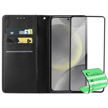 Imagem de Capa Carteira Flip Case para Samsung Galaxy S24 Plus com Película Protetora Cerâmica Premium, Suporte Ajustável, Cobertura total da tela, Preto