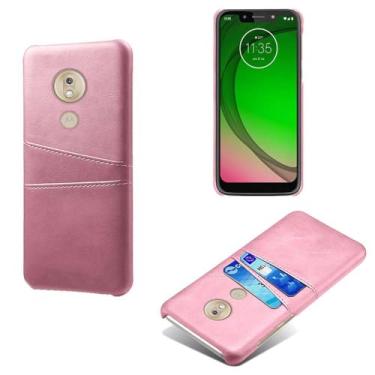 Imagem de Capas Compatível com MOTO G7 Play,Caso de couro PU-Tampa de telefone a prova de choque com 2 slots de cartão,Proteção anti-impressão digital e anti-gota-Pink