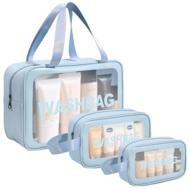 Imagem de Kit 3 Necessaire Transparente Washbag,Necessaire Viagem,Tamanhos Grande Médio e Pequeno para Viagens,Maquiagem,Banho e Ginástica,Bolsa de Armazenamento à Prova d'Água Com Zíper à Prova d'Água (Azul)