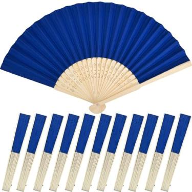 Imagem de Bestage 12 peças de ventilador de mão dobrável para mulheres, ventilador de mão decorativo azul marinho dobrável chinês japonês molduras de bambu leques de seda para casamento, dança, lembrancinhas de