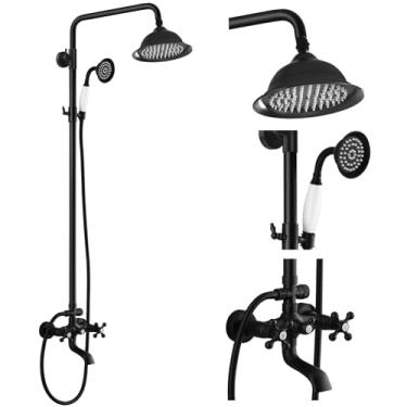 Imagem de Conjunto de chuveiro preto fosco exposto com chuveiro de 20 cm e bico para banheira, sistema de chuveiro de banheiro com suporte de parede