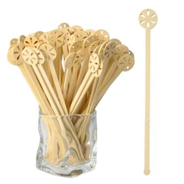 Imagem de TreeMVI 200 peças de agitadores de café descartáveis: 17 cm flores de bambu natural varinha misturadora personalizada para mexer chocolate quente milkshake restaurante escritório em casa