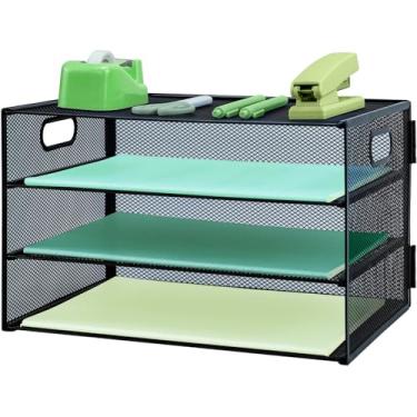 Imagem de IOUGDSEC Bandeja de papel com alça, organizador de arquivos de mesa de malha de metal de 3 camadas, bandejas de arquivo de mesa de papel A4, suporte de documentos de revista arrumado para escritório