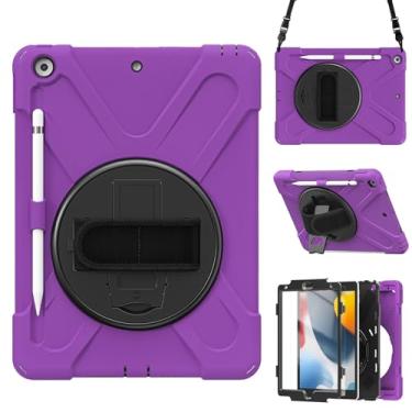 Imagem de Capa para iPad 9ª/8ª/7ª geração (2021/2020/2019) 10,2 polegadas, capa protetora portátil à prova de quedas com suporte giratório 360, alça e alça de ombro, caneta Stylus (roxa)