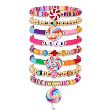Imagem de YAHPERN Pulseira de doces para mulheres, pulseiras coloridas de pirulito empilhável, pulseira elástica com contas Heishi, Halloween, Natal, acessórios para fantasia de doces, roupas de candyland