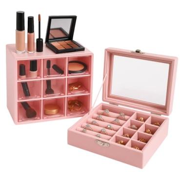Imagem de Kit Porta Joias Organizador Tampa Vidro Camurça Delicado Veludo Divisórias e Organizador de Maquiagem - ROSA